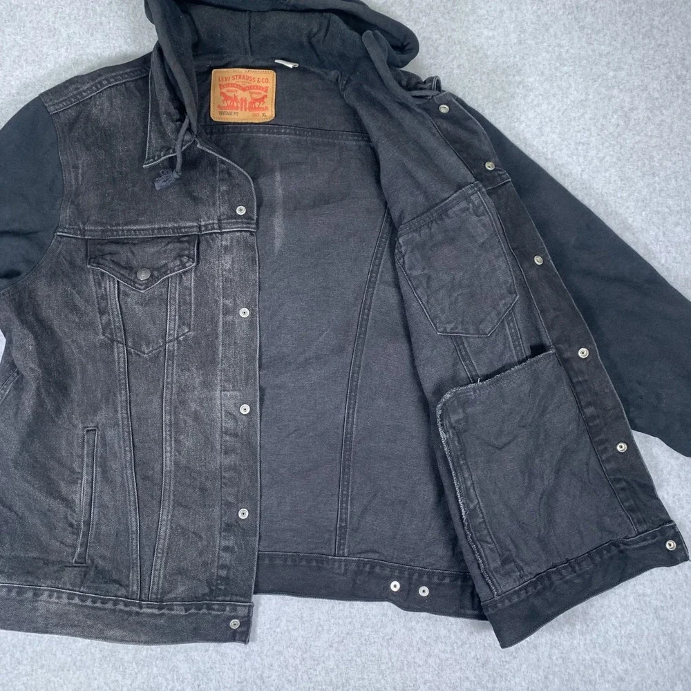 Levi's Denim Jacket Mens XL Black Hooded Knit Sleeve Trucker Vintage Fit